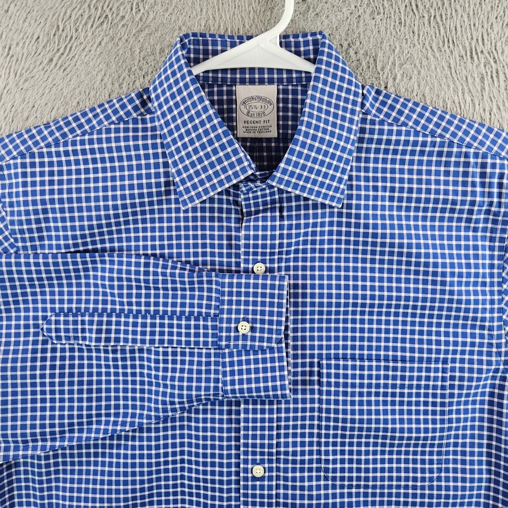 Brooks Brothers Regent Fit Dress Shirt 15.5 33 Blue Gingham Supima Non-Iron Mens